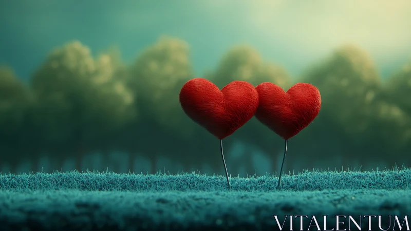Two red heart-shaped objects positioned in teal landscape setting