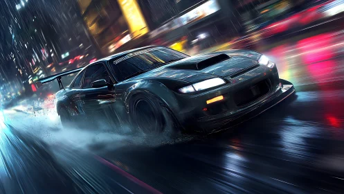 Modified black sports car drifting on wet neon city street.