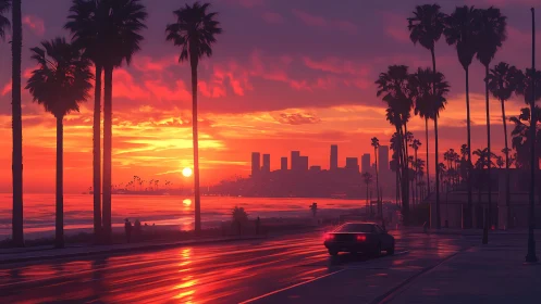 Sunset coastline boulevard with palm trees and wet asphalt glow