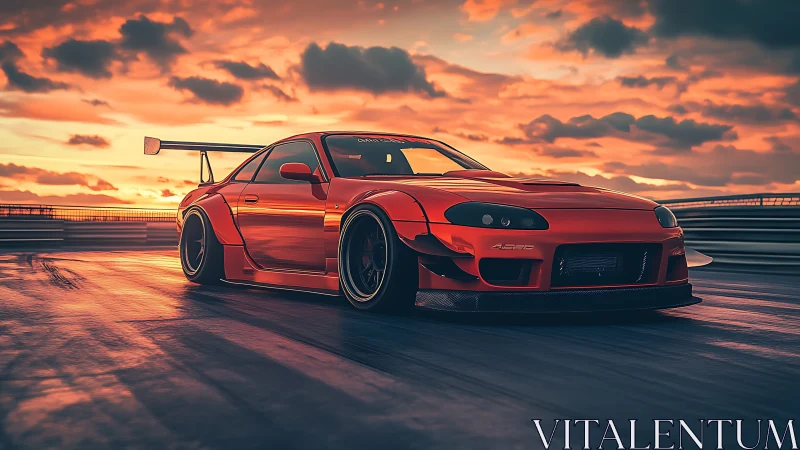 Widebody red sports car accelerates on wet racetrack at sunset