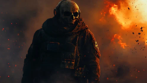 Armored skull-masked soldier strides through burning chaos