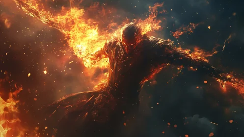 Humanoid figure composed of flames in dark smoky space.