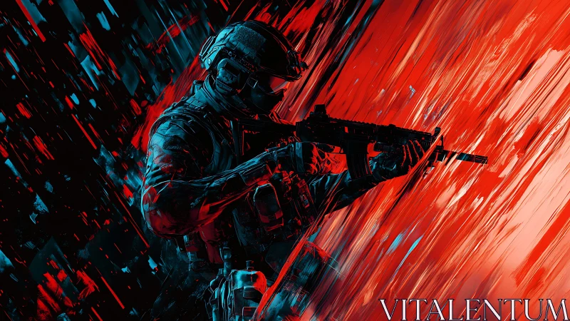 Armed soldier in abstract red and blue digital combat scene.