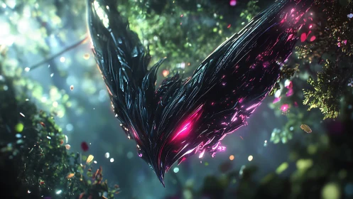 Bioluminescent obsidian wing core suspended in verdant canopy.