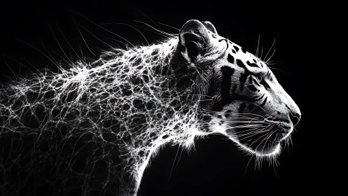 Electric leopard silhouette dissolves into glowing neural webs.
