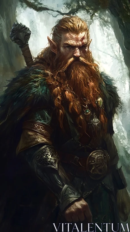 Armored dwarf ranger stands in diffuse forest backlight, fur-clad