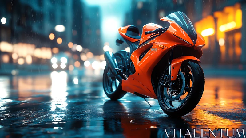 Neon-lit orange sportbike on wet urban street at night