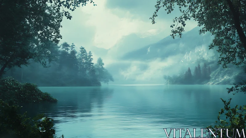 Mist-draped lake quietly cradles the whispering pine valley