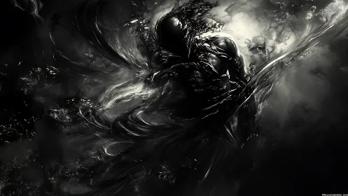 Monochrome amorphous entity dissolves into swirling digital void