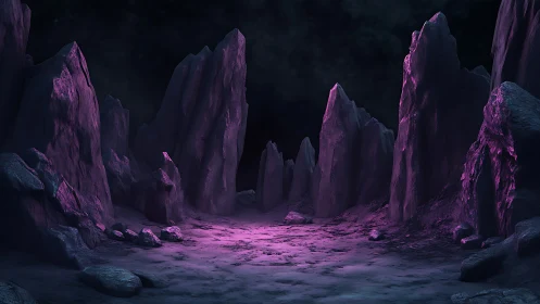 Luminous violet rock canyon glows under dark alien sky