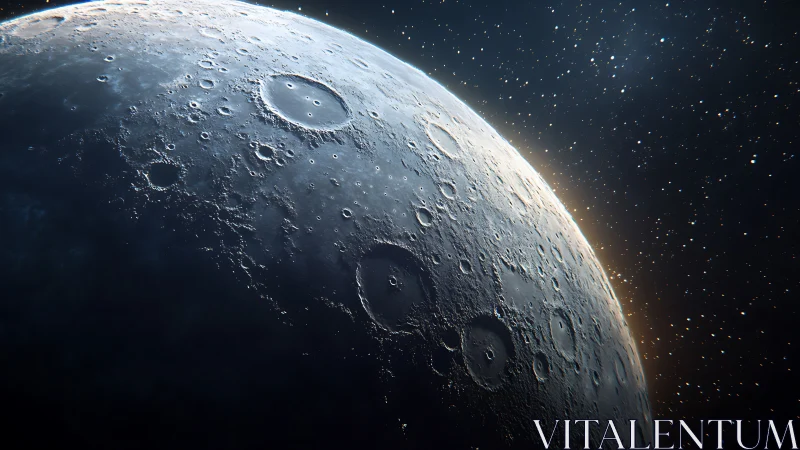 Soft moonlit craters glow gently against a sparkling cosmos