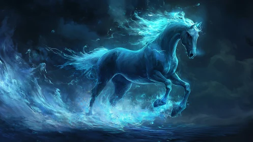Ghostly blue spectral horse gallops through glowing water