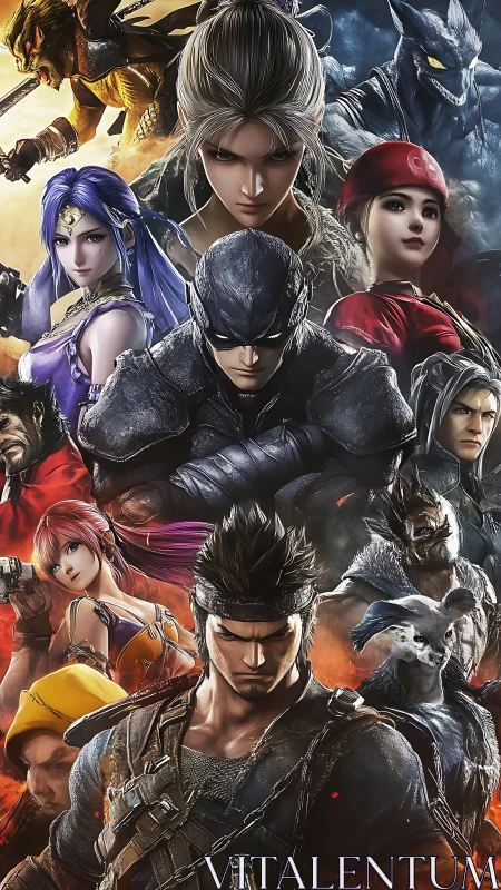 Ensemble of armored fantasy warriors rendered in dynamic 3D poster