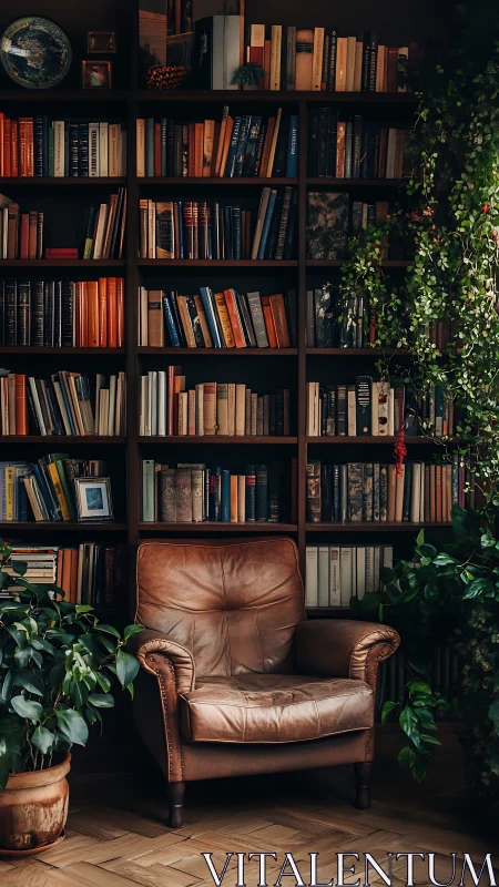 Leather reading chair framed by bookshelves and plants.