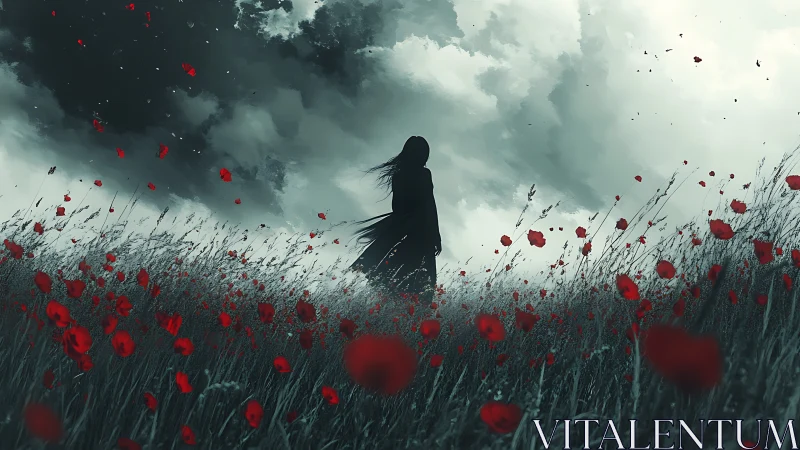 Solitary dark figure in storm sky field of red poppies.