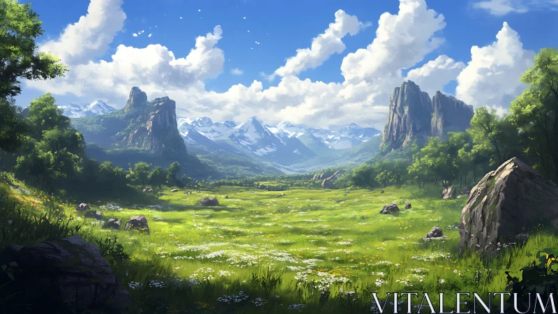 Expansive alpine valley with stratified cliffs and cloud-laden sky