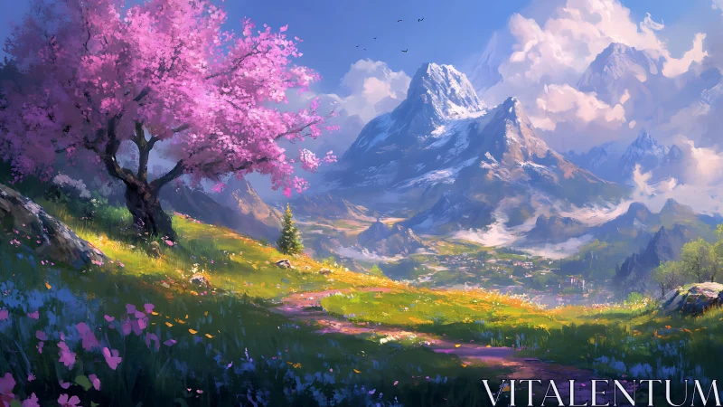 Chromatic alpine valley with blossom tree and atmospheric depth mapping