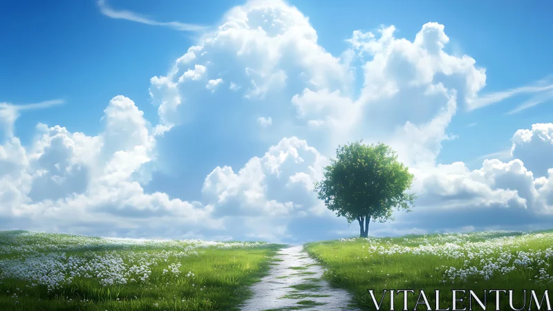 Sunlit meadow path drifting toward a lone dreaming tree.
