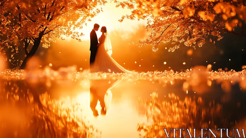 Wedding couple stands in glowing autumn sunset by lake