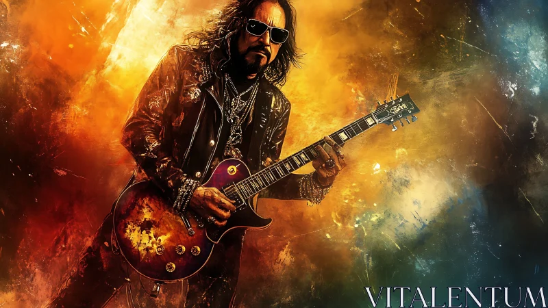 Fiery rock guitarist glowing in swirling, electric color storm.
