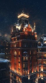 Snowlit city tower glowing with warm winter windows.