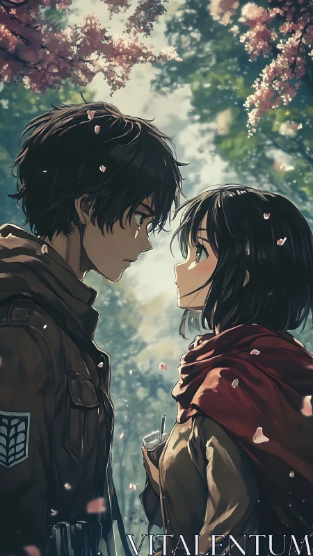 Anime couple under cherry blossoms in intimate profile standoff.