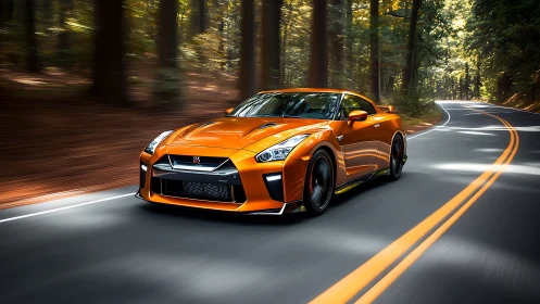 Orange sports coupe gliding through a sunlit forest road.