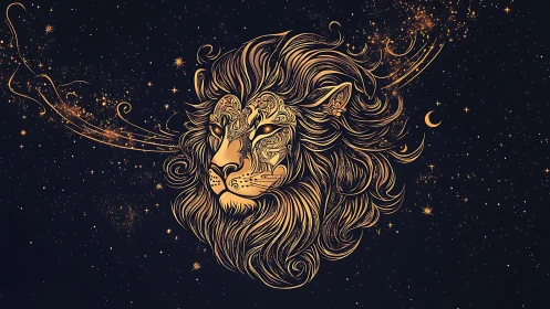Celestial lion head forms intricate golden constellation
