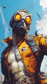 Post-apocalyptic gasmask ranger under ballistic sky surge.