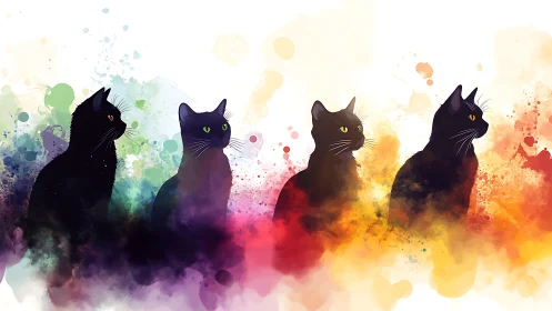 Four Black Cats Emerge From A Luminous Rainbow Ink Explosion