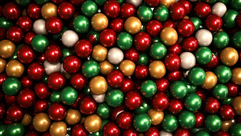 Dense array of glossy red, green, gold and white spheres.