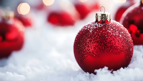 Macro closeup of red glitter Christmas bauble in snow field