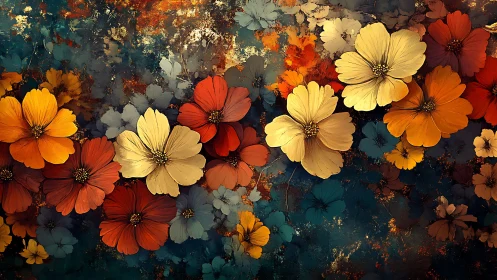 Vibrant Cosmos Blooms Against Textured Teal Backdrop. Contemporary.