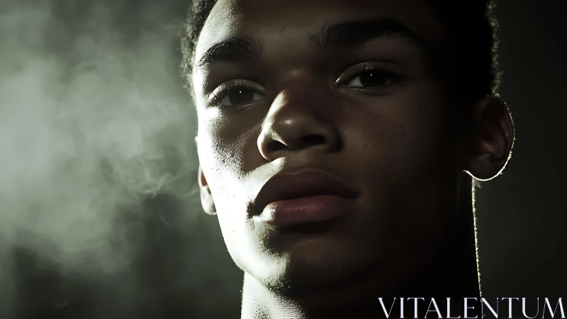 Moody close-up portrait in cinematic low-key lighting.