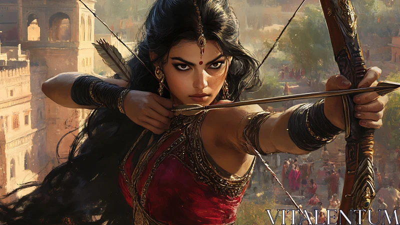 Fierce palace archer drawing destiny’s arrow at dawn.