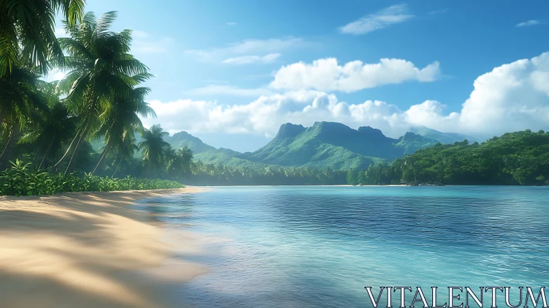 Tropical Beach Landscape with Mountain Vista and Palm-Lined Shore