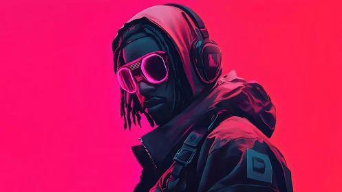 Neon-clad listener drifts through electric magenta silence