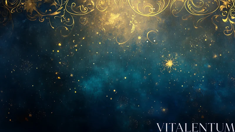 Gold ornamental swirls over blue textured starry field.