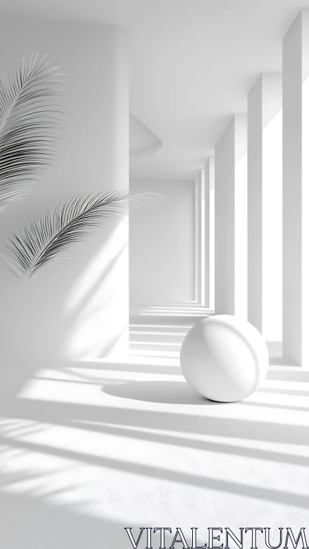 Sunlit minimal hallway with wandering sphere and palm shadows.