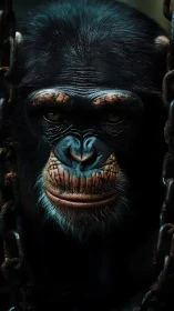 Gentle chimpanzee gazing calmly through the dim light.