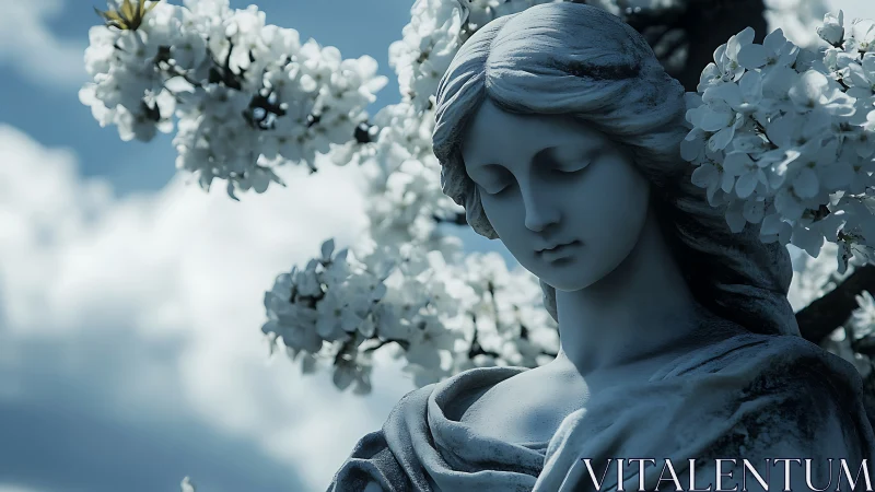 Gentle stone angel rests quietly beneath blossoming branches