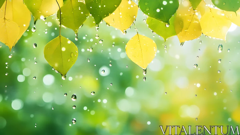 Green and yellow leaves with raindrops against soft bokeh.