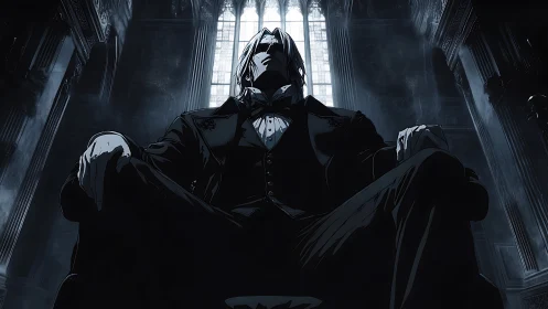 Dark suited figure seated in high-backed chair in hall.