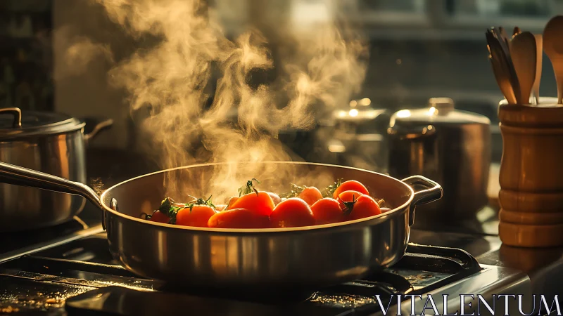 Vibrant Red Tomatoes Simmering in Hot Wok.