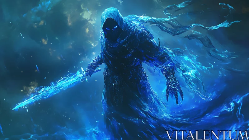 Spectral blue wraith advances wielding crackling energy blade