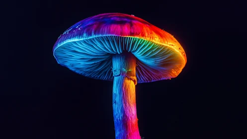 Glowing rainbow mushroom shining softly in the dark night.