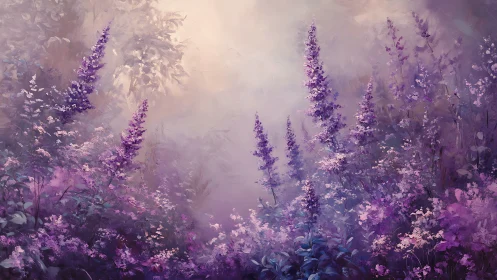 Lavender meadow rises through soft lilac morning mist.