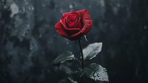 Single red rose with water droplets stands against dark background