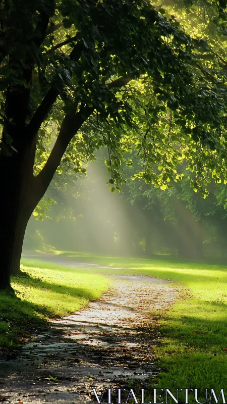 Morning sunlight gently brightens a quiet, winding park path