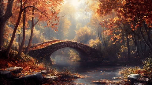 Stone bridge arching through luminous autumn woodland.
